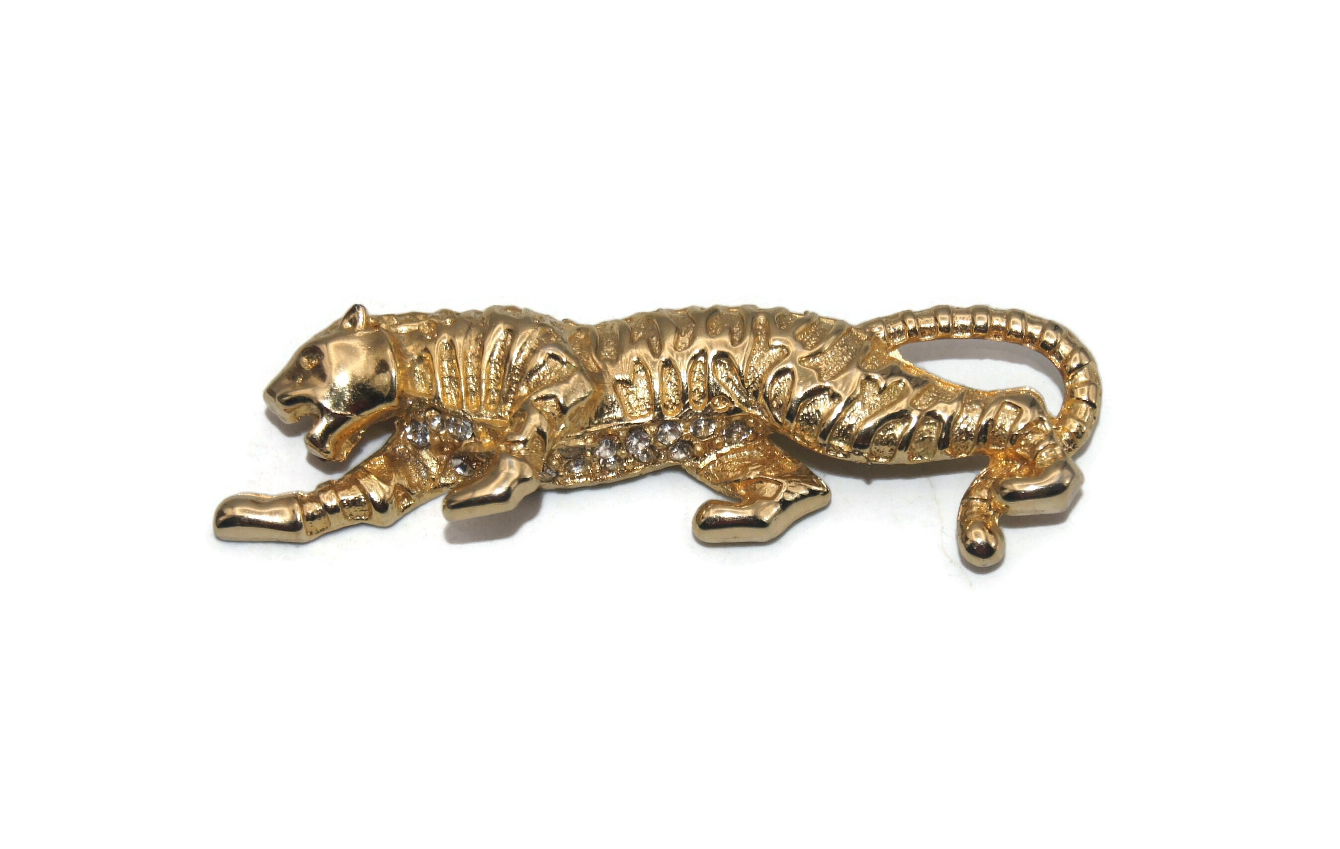 Vintage Gold Tone and Clear Rhinestones Tiger Brooch. - Etsy