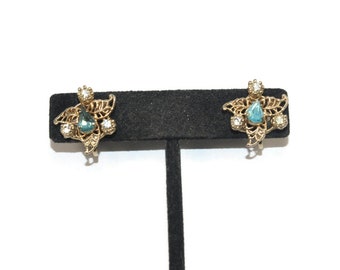 Vintage Gold Tone Earrings with Clear Rhinestones and Light Blue Topaz Screw Back Earrings.