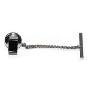 Vintage Swank Silver Tone and Black Plastic Rectangular Tie Tack with Chain. Swank Hallmark.
