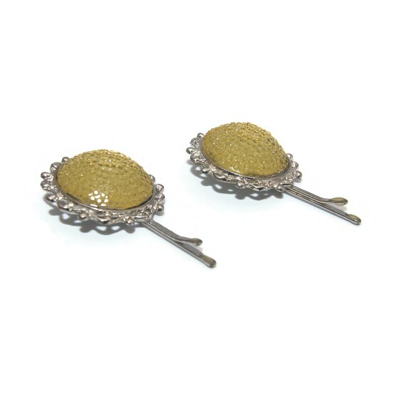 Vintage Silver Tone and Yellow Resin Domed Floral… - image 2
