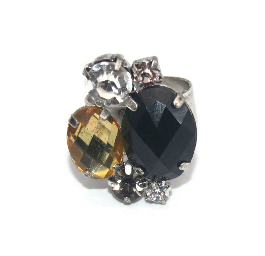 Vintage Silver Tone With Black, Yellow, Clear and Gray Rhinestones Size ...