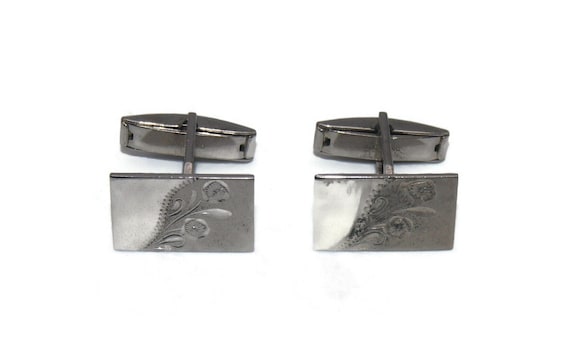 Vintage Sterling Silver Engraved Floral Design Rectangular Cuff Links. Marked Sterling.