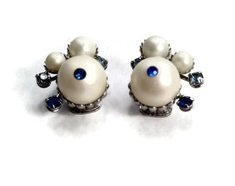 Cluster Clip On Earrings.  Faux Pearls and Blue Rhinestones. Four Blue Rhinestones, Three White Pearls per Earring. Perfect Wedding Earrings