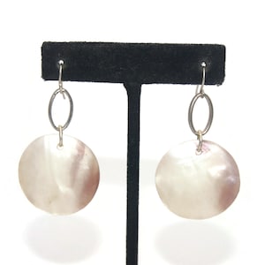 Vintage Silver Tone and Round Mother of Pearl Dangle Earrings with Hook Backs for Pierced Ears.