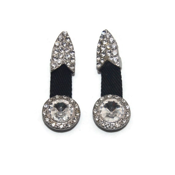 Boucles D'Oreilles Pendant Vintage - Strass Noir Et Argent - Percé - Modèle 4538 - Occasion