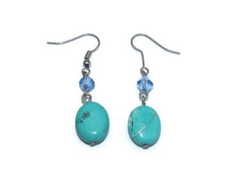 Vintage Turquoise, Blue Glass and Sterling Silver Dangle Earrings with Hook Backs for Pierced Ears.