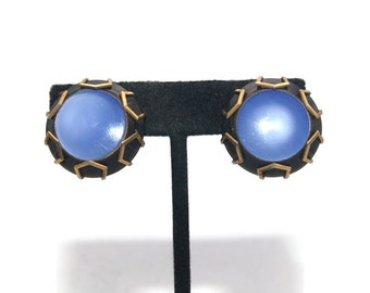 Vintage Round Domed Gold Tone, Blue and Black Resin Clip on Earrings.