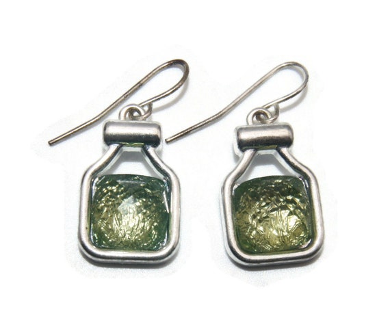 Vintage Silver Tone and Green Tone Resin Pendant … - image 4