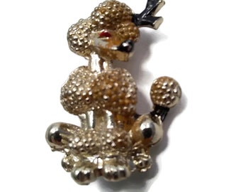 Small Vintage Gold Tone Poodle Brooch with Red and Black Enamel.