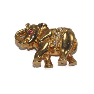 Cute Little Vintage Gold Tone, Clear Rhinestones and Red Rhinestone Eye Elephant Brooch.