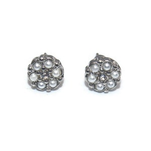 Vintage Silver Tone, Faux Seed Pearls and Clear Rhinestones Small Stud Earrings with Post Backs for Pierced Ears.
