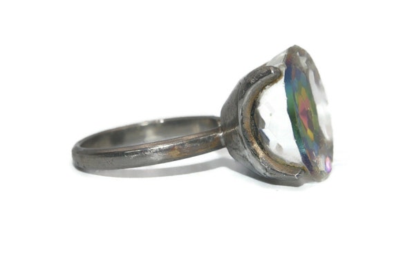 Vintage Silver Tone and Rainbow Glass Size 7 Adju… - image 6