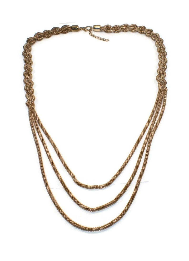 31 Inch Necklace with Lobster Claw Clasp. 3 Mesh Strand Vintage Gold Tone Braided Rope Chain Necklace