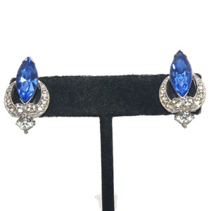 Vintage Silver Tone, Blue Glass and Clear Rhinestones Clip on Earrings.
