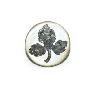 Vintage Mother of Pearl with Inlaid Abalone Round Leaf Pin with Gold Tone C Clasp.
