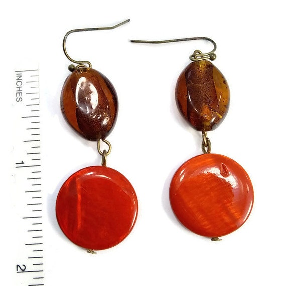 Vintage Orange and Amber Glass Bead Silver Tone D… - image 3