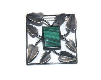 Vintage Sterling Silver and Malachite Square Leaf Brooch.