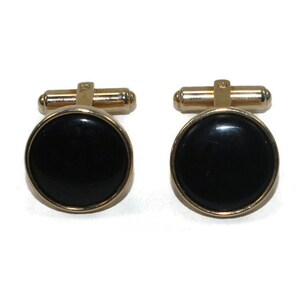 Vintage Gold Tone and Black Plastic Round Cuff Links.