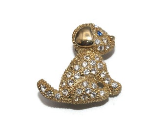 Broche de chien ton or romain vintage avec strass bleus et clairs. Poinçon romain.