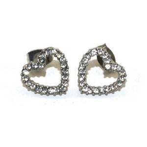 Small Vintage Silver Tone and Rhinestones Heart Stud Earrings with Post Backs for Pierced Ears.
