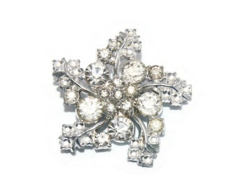 Vintage Silver Tone and Clear Rhinestones Pinwheel Brooch. Radial, Snowflake Brooch.