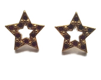 Vintage 1990s Avon Sparkle Star Gold Tone Ruby Red Rhinestones Stud Earrings with Post Backs for Pierced Ears. Avon Hallmarks.