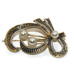 Vintage Gold and Silver Tone with Black Enamel and Faux Pearls Brooch. Damascene Style. Marked Spain.