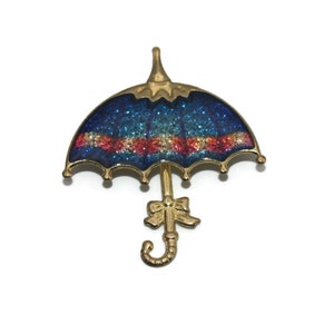 Vintage Gold Tone and Blue and Gold Glitter Enamel Umbrella Brooch.