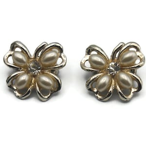 Paar Vintage Silber Ton, klare Strass und Faux Perlen Broschen.