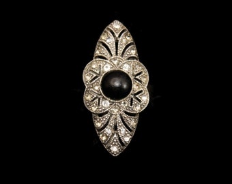 Vintage Art Deco Silver Tone, Clear Rhinestones and Black Resin Cabochon Size 7 Adjustable Ring.