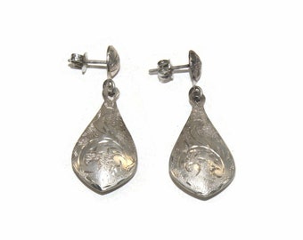 Vintage Sterling Silver Etched Puffed Teardrop Dangle Earrings with Post Backs for Pierced Ears.