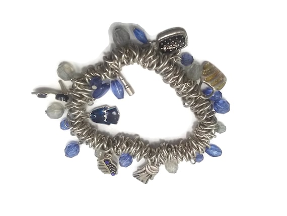 Vintage Silver Tone Boho Elastic Charm Bracelet w… - image 1