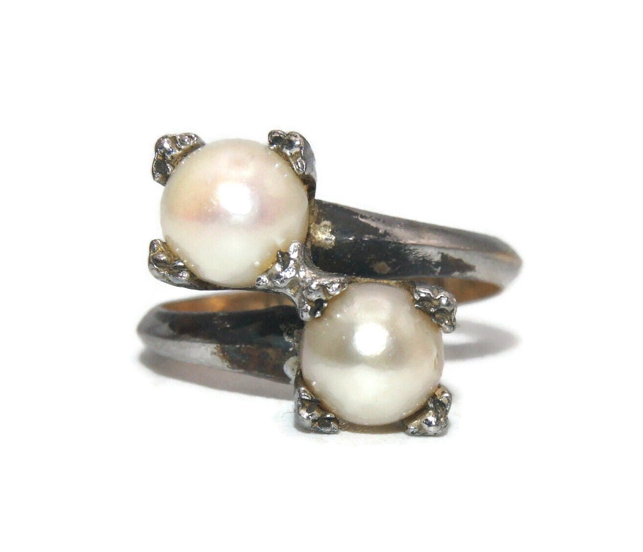 Vintage Clark and Coombs 10K Gold Filled, Silver Plated with Real Pearls Size 5 1/2 Ring. C & C 10K Gold Filled Sterling Top Hallmark.