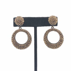 Gold Tone Clip On Earrings, Vintage Antiqued Gold Tone and Orange Rhinestones Dangle Clip on Earrings, Daily Wear, Round Dangle Earrings.