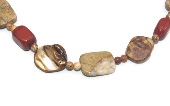 Vintage Mother of Pearl, Brown and Red Jasper Bea… - image 5