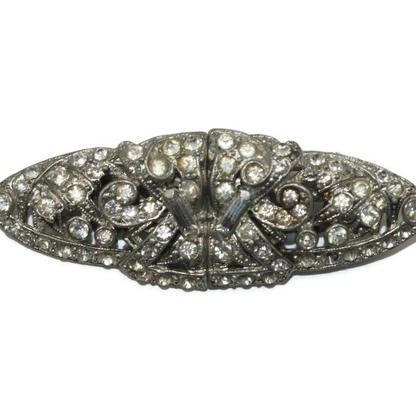 Art Deco 1930s Vintage Coro Duette Silver Tone and Rhinestones Brooch that Converts to Dress Clips. Hallmarked Coro Duette Pat. 1852188.