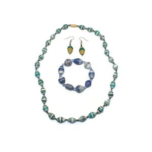 Handmade Recycled Newspaper Beaded 20 Inch Necklace, Bracelet and Dangle Earrings with Hook Backs for Pierced Ears. Made by Women in Uganda.
