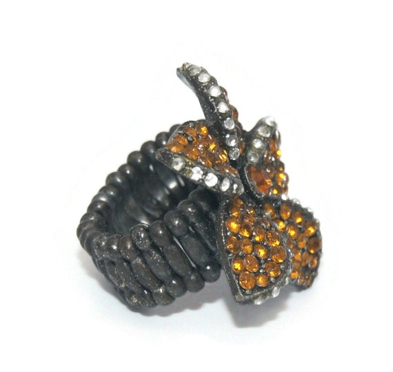 Vintage Silver Tone with Orange and Clear Rhinest… - image 2