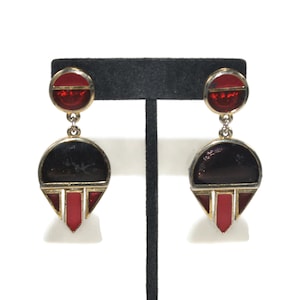 Vintage Gold Tone and Red and Black Enamel Dangle Earrings with Post Backs for Pierced Ears.