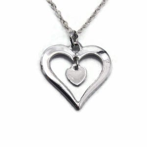 Silver Tone Heart Necklace, Vintage Silver Tone Dangling Heart Pendant on 18&quot; Cable Chain, Daily Wear, Gift for Her, Two Hearts Pendant.