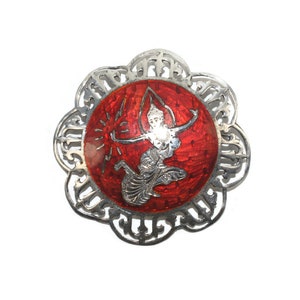 Vintage Siam Sterling Silver and Red Enamel Brooch Depicting Mekkalah Goddess of Lightning. Marked Siam Sterling.