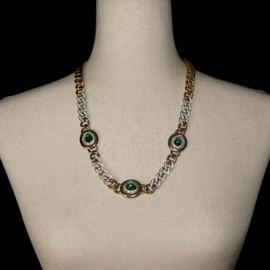 Vintage Kenneth Jay Lane Gold Tone, Silver Tone, Clear Crystals and Emerald Green Cabochons Heavy 24 Inch Necklace. Kenneth Lane Hallmarks.