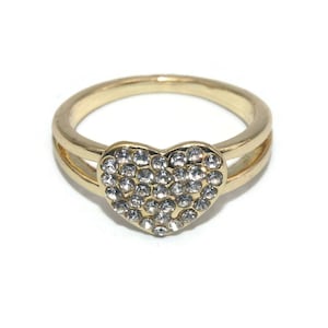 Vintage Gold Tone and Clear Rhinestones Size 8 1/2 Heart Ring.