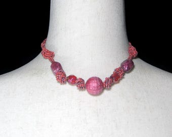 Vintage Red Purple Beaded Necklace, Glass Plastic Beads, 16 Inch