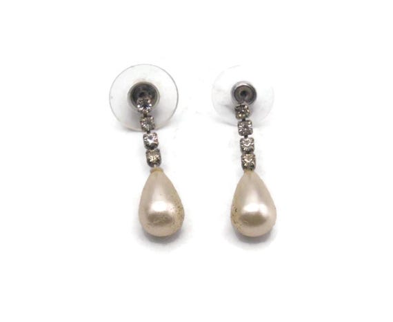 Boucles D'Oreilles Anciennes Pendantes - Métal Argenté Avec Perle - Fermoir Dormeuse - Créateur Français - Occasion