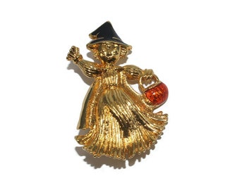 Vintage Avon Gold Tone, Black and Orange Enamel Halloween Witch Brooch.