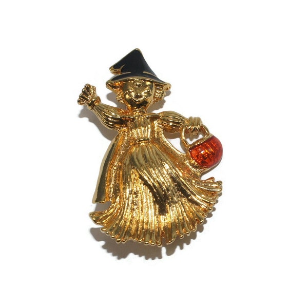 Vintage Avon Gold Tone, Black and Orange Enamel Halloween Witch Brooch.