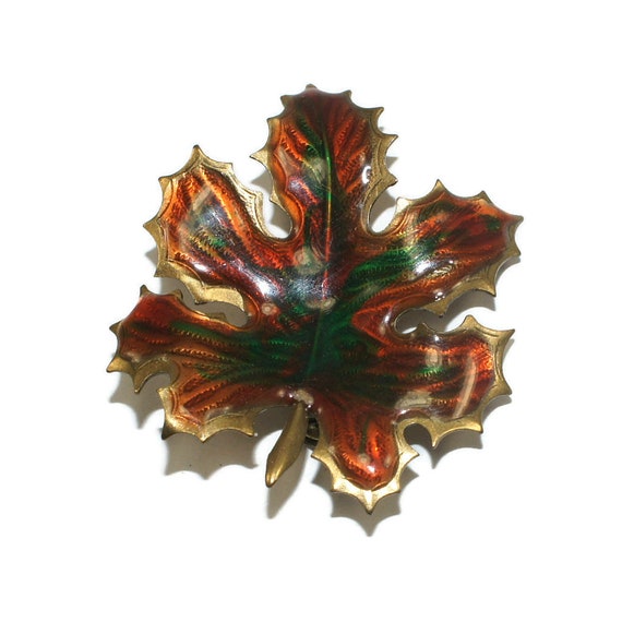 Vintage Brown and Green Enameled Copper Leaf Broo… - image 4