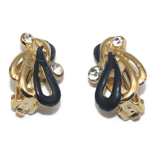 Vintage Gold Tone, Black Enamel y Clear Rhinestones Clip en pendientes.