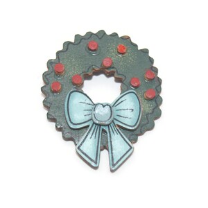 Vintage Wood Christmas Wreath Brooch with Green, Red and Blue Enamel. Marked China.